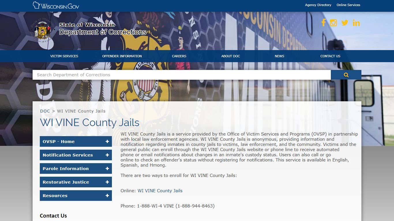 DOC WI VINE County Jails - Wisconsin
